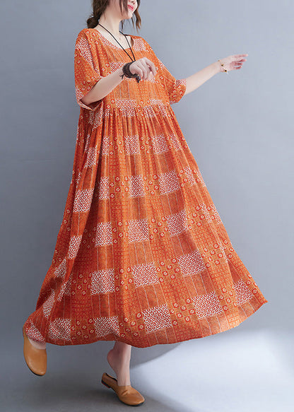 Orange O-neck Patchwork Wrinkled Party Maxi Dress Summer