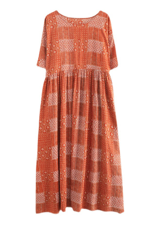 Orange O-neck Patchwork Wrinkled Party Maxi Dress Summer