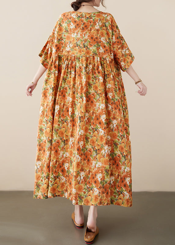 Orange O-neck Print Cozy Robe Dresses Summer