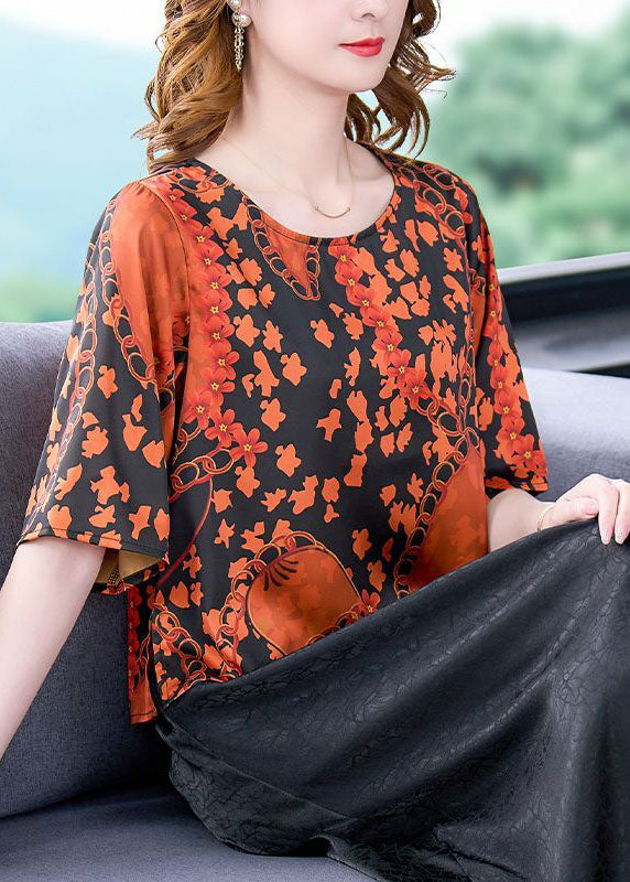 Orange O-neck Print Silk Shirt Top Short Sleeve