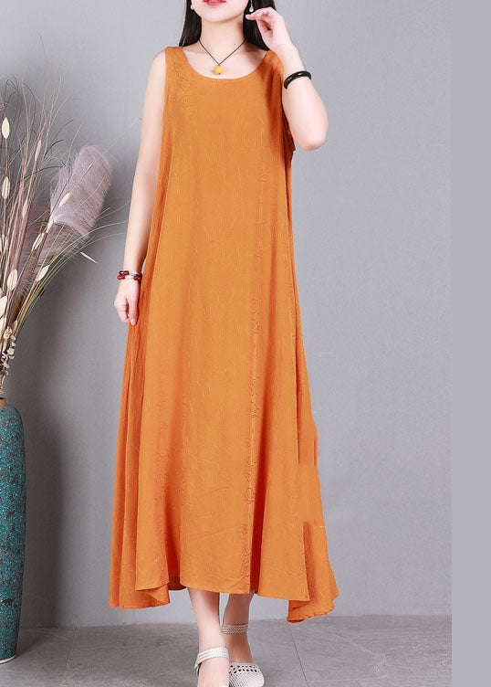 Orange O-neck Color Linen Long Dress Sleeveless