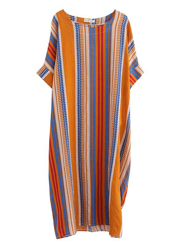Orange O-neck Striped Summer Cotton Maxi Dresses