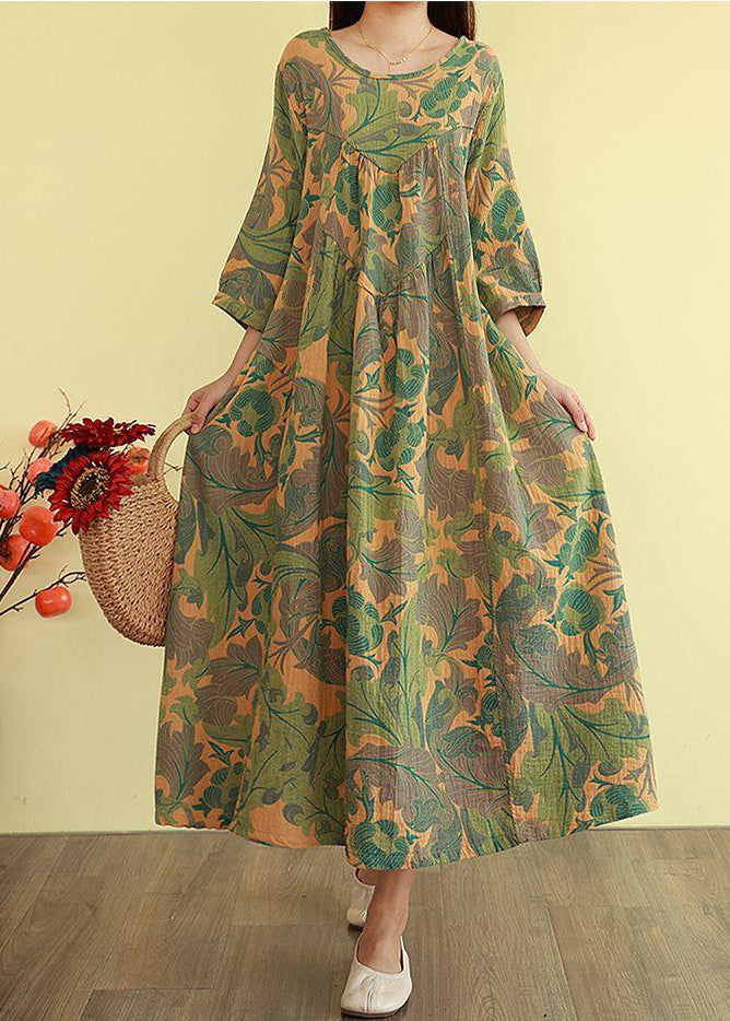 Orange Oversized Print Cotton Long Dress Bracelet Sleeve