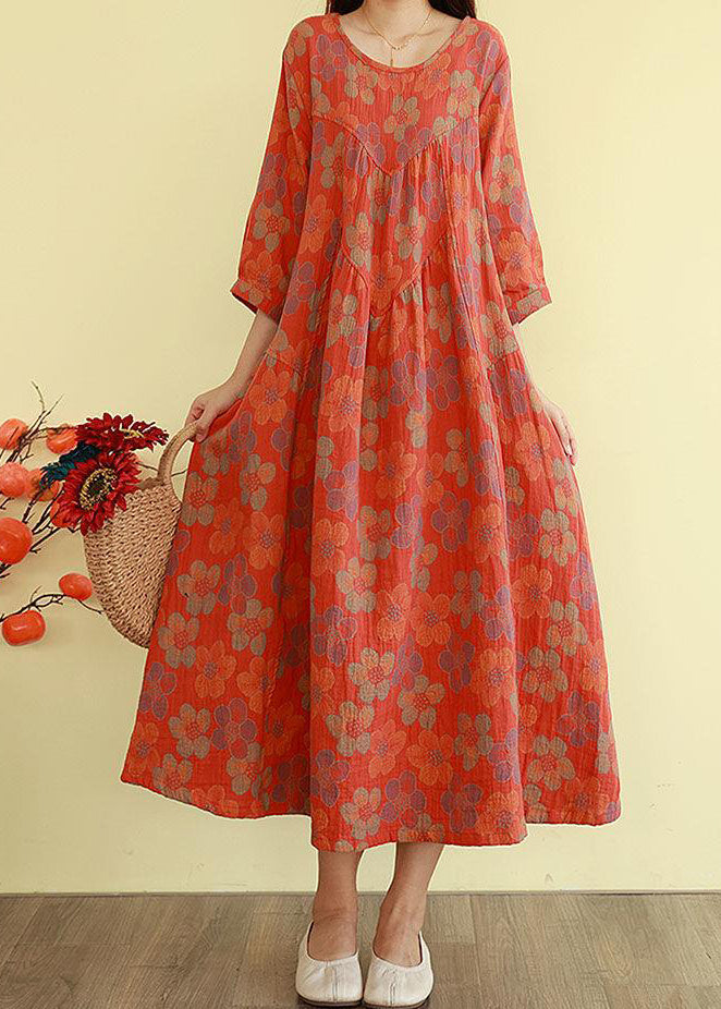 Orange Oversized Print Cotton Long Dress Bracelet Sleeve