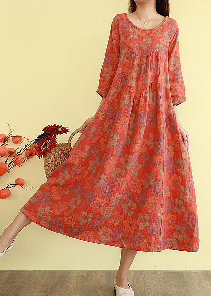 Orange Oversized Print Cotton Long Dress Bracelet Sleeve