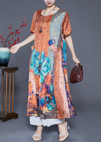 Orange Oversized Print Pockets Silk Vacation Dresses Summer