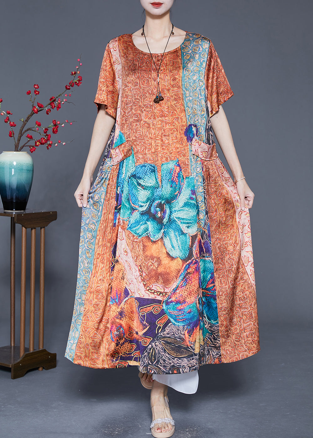 Orange Oversized Print Pockets Silk Vacation Dresses Summer
