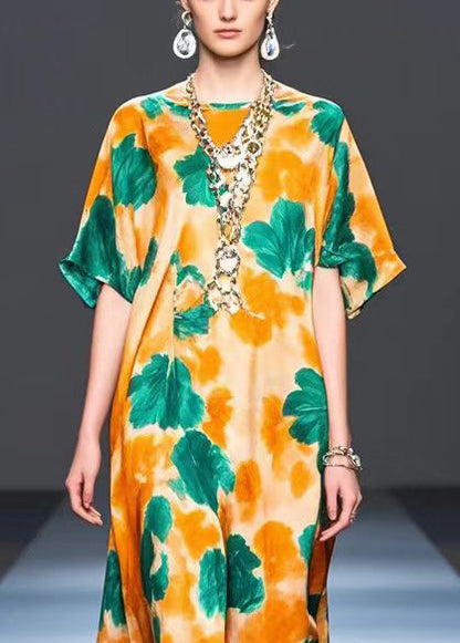 Orange Oversized Print Silk Party Dress Summer