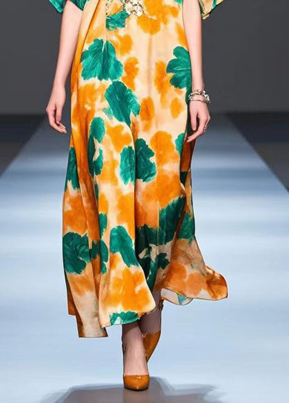 Orange Oversized Print Silk Party Dress Summer