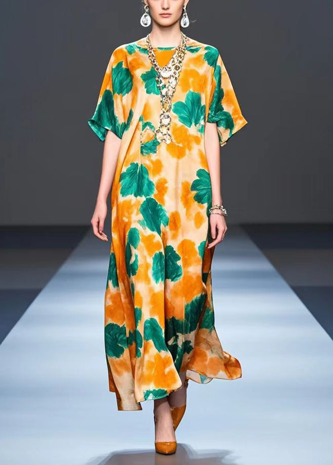 Orange Oversized Print Silk Party Dress Summer