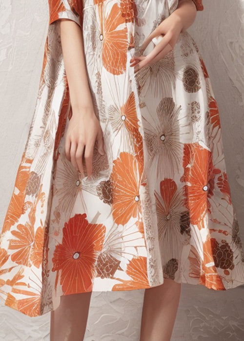 Orange Print High Waist Cotton Dresses Half Sleeve
