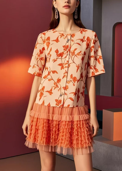 Orange Print Patchwork Ruffled Chiffon Mini Dresses Summer