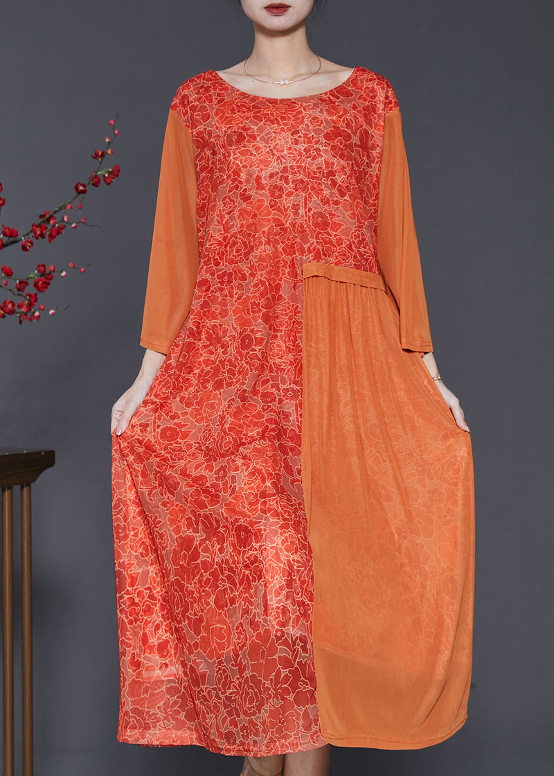 Orange Print Patchwork Silk Long Dress Bracelet Sleeve
