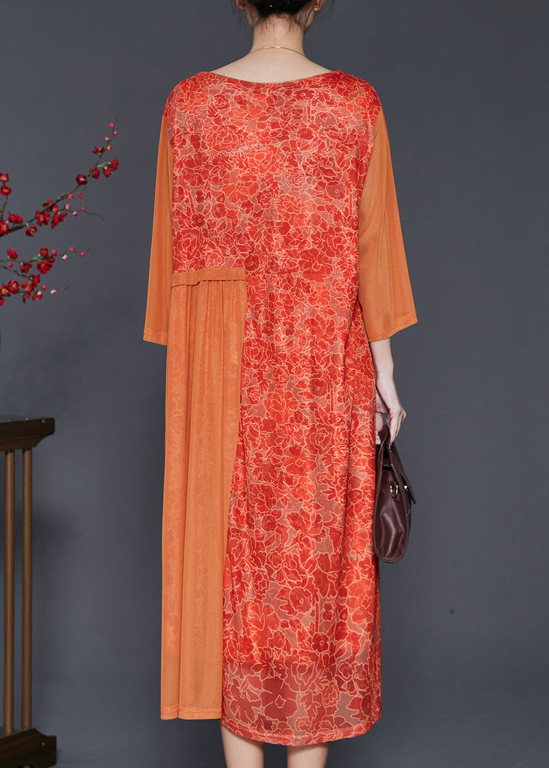 Orange Print Patchwork Silk Long Dress Bracelet Sleeve