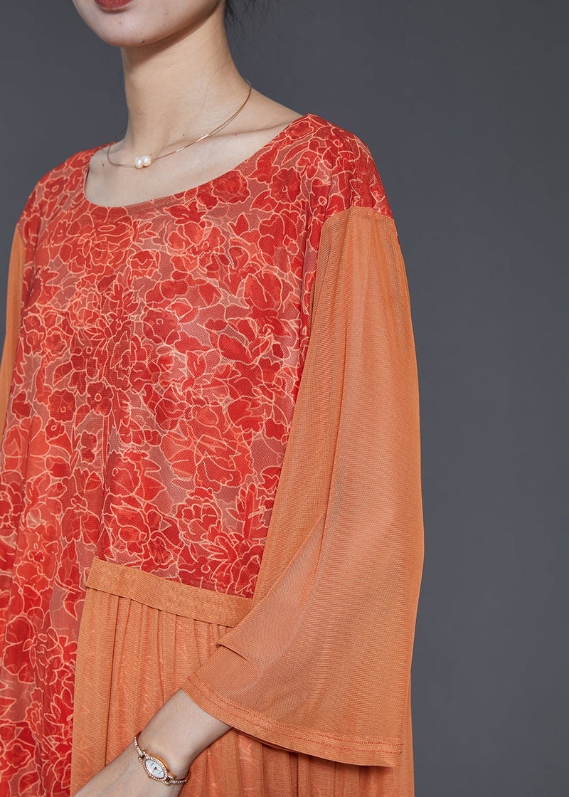 Orange Print Patchwork Silk Long Dress Bracelet Sleeve