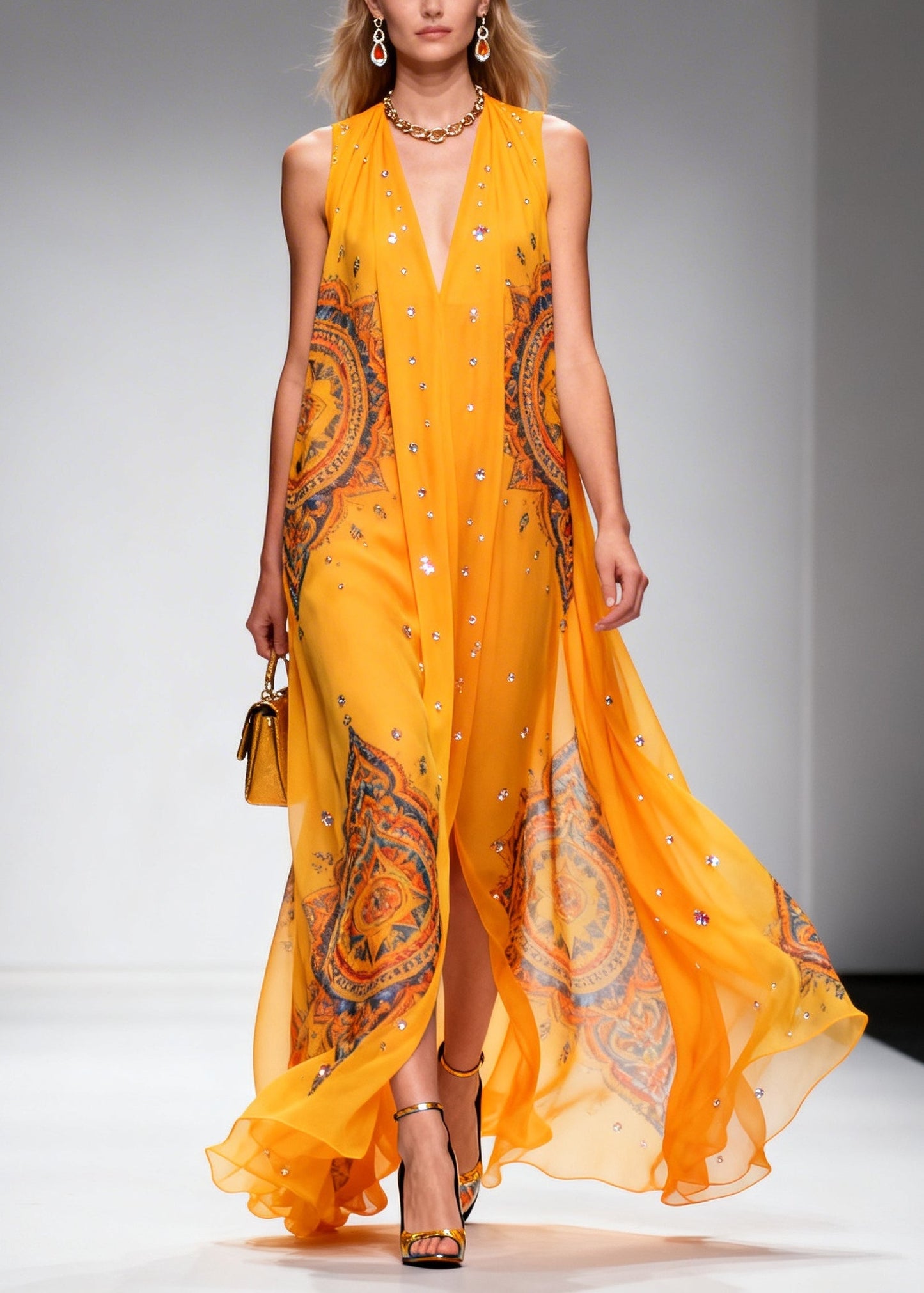 Orange Print Rhinestone Sparkly Chiffon Holiday Dress Summer