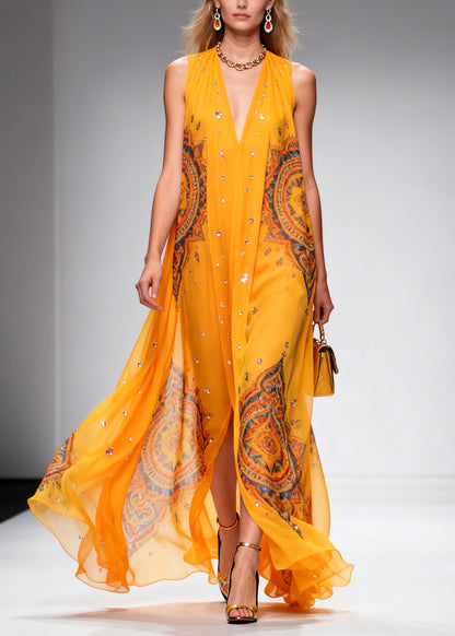 Orange Print Rhinestone Sparkly Chiffon Holiday Dress Summer