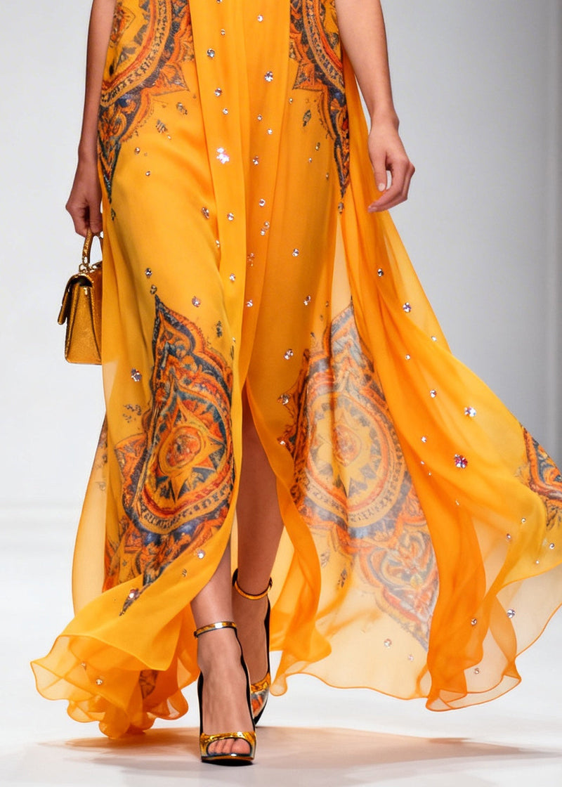 Orange Print Rhinestone Sparkly Chiffon Holiday Dress Summer