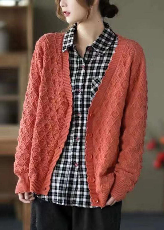 Orange Red V Neck Button Fall Knit Sweater Coat