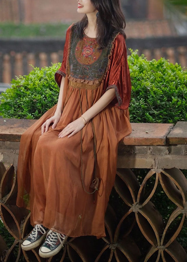 Orange Tasseled Embroidered Patchwork Silk Long Dresses Summer