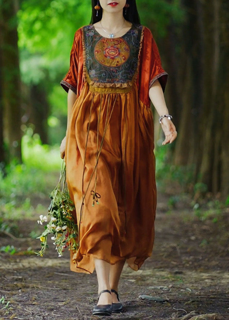 Orange Tasseled Embroidered Patchwork Silk Long Dresses Summer