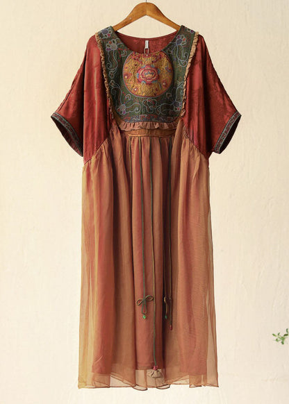Orange Tasseled Embroidered Patchwork Silk Long Dresses Summer