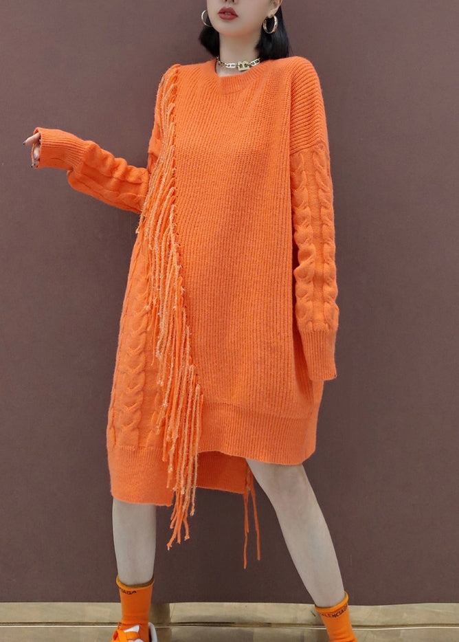 Orange Tasseled Patchwork Knit Knit Sweater Dress Winter