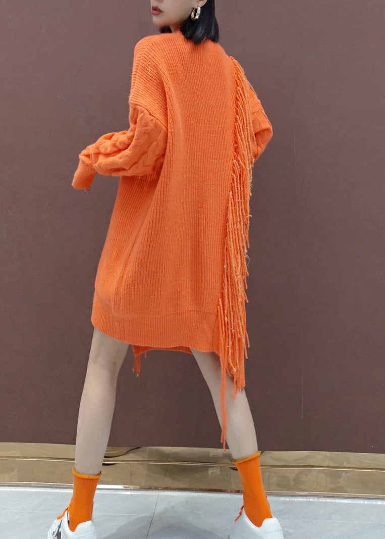 Orange Tasseled Patchwork Knit Knit Sweater Dress Winter