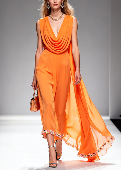 Orange Turtle Neck Lace Patchwork Chiffon Dress Summer