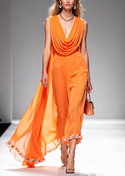 Orange Turtle Neck Lace Patchwork Chiffon Dress Summer