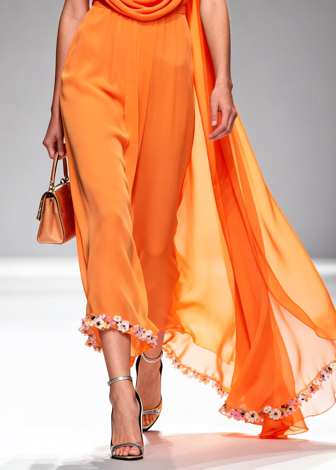 Orange Turtle Neck Lace Patchwork Chiffon Dress Summer