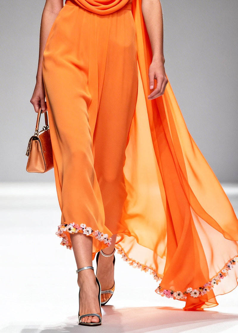 Orange Turtle Neck Lace Patchwork Chiffon Dress Summer