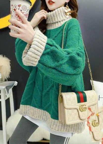 Orange Turtle Neck Patchwork Knit Knitted Tops Winter