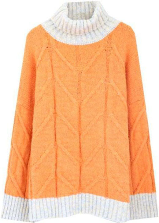 Orange Turtle Neck Patchwork Knit Knitted Tops Winter
