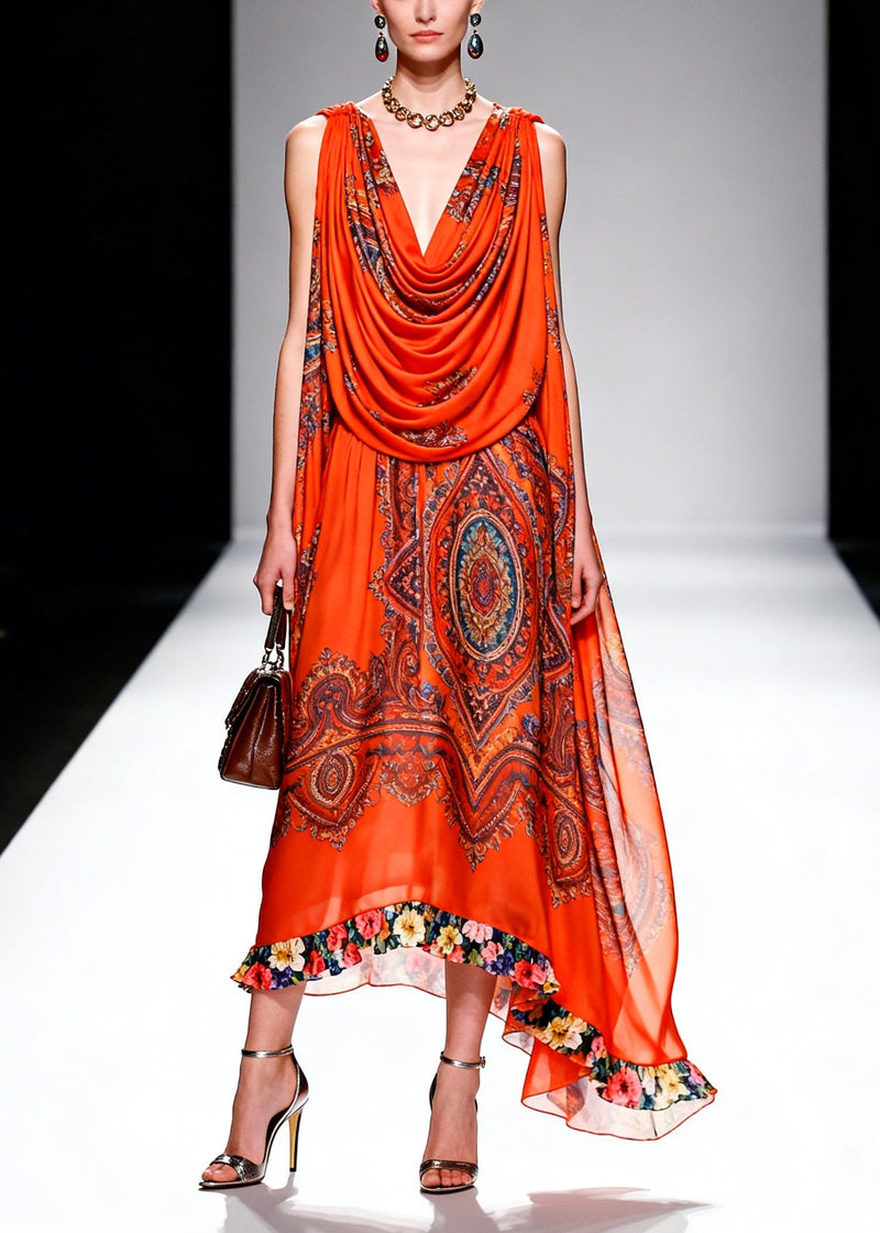 Orange Turtle Neck Print Chiffon Robe Dresses Summer