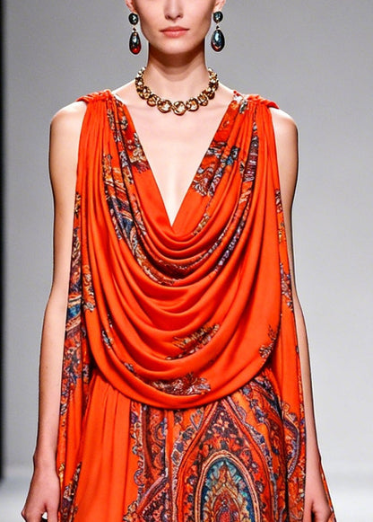 Orange Turtle Neck Print Chiffon Robe Dresses Summer