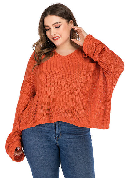 Orange V Neck Chunky Oversized Knit Sweater Long Sleeve