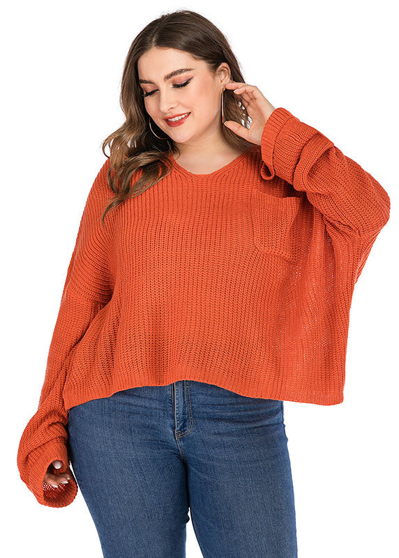 Orange V Neck Chunky Oversized Knit Sweater Long Sleeve