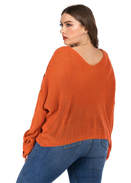 Orange V Neck Chunky Oversized Knit Sweater Long Sleeve