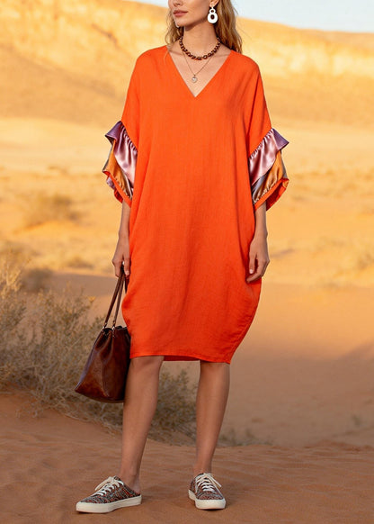 Orange V Neck Patchwork Cotton Mid Dress Butterfly Sleeve