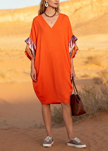 Orange V Neck Patchwork Cotton Mid Dress Butterfly Sleeve