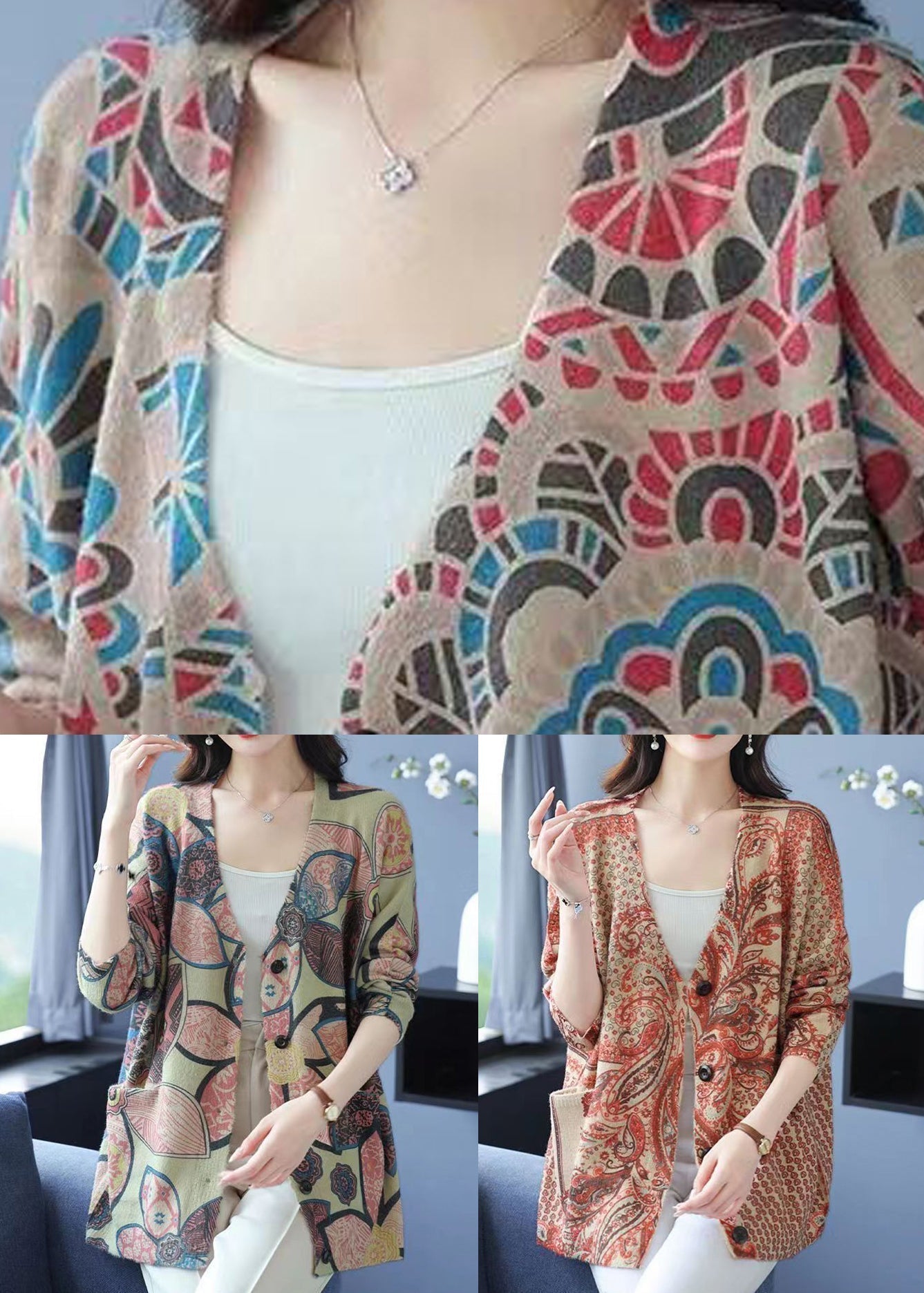 Orange V Neck Print Button Mink Hair Knitted Coat Fall