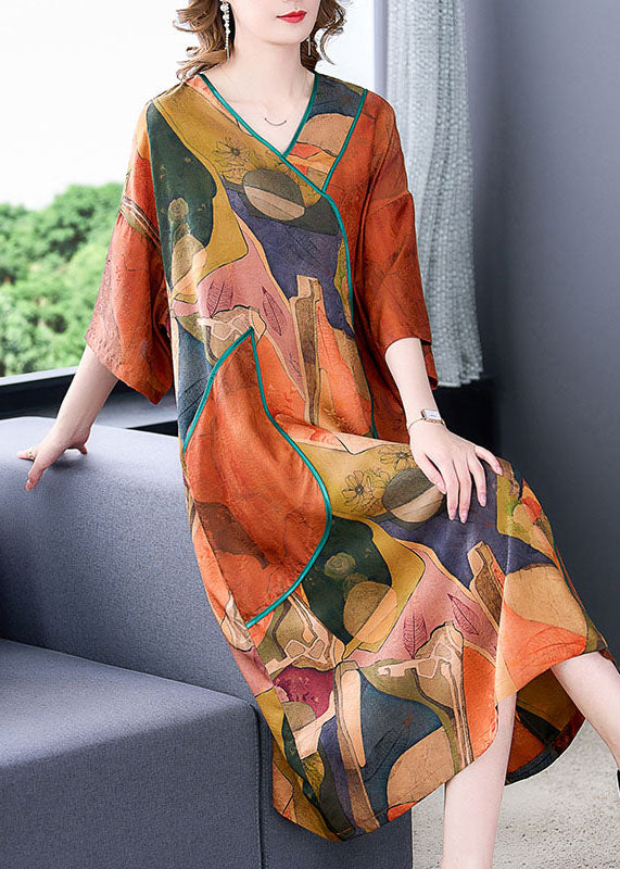 Orange V Neck Print Patchwork Silk Dresses Summer