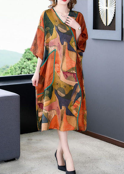 Orange V Neck Print Patchwork Silk Dresses Summer