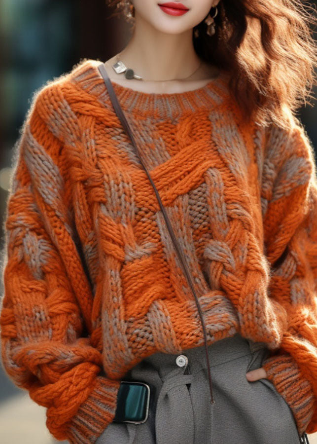Orange Warm Cotton Knitted Cable Sweater Winter