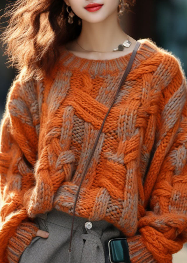 Orange Warm Cotton Knitted Cable Sweater Winter