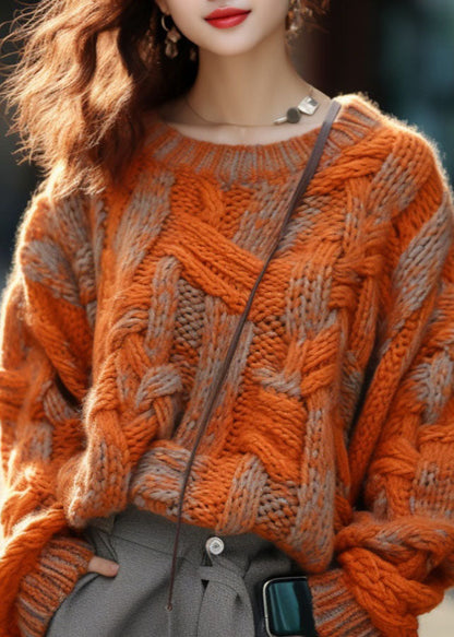 Orange Warm Cotton Knitted Cable Sweater Winter
