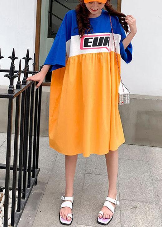 Orange White Patchwork Yellow O-neck Summer Graphic Half Sleeve Long Dresses