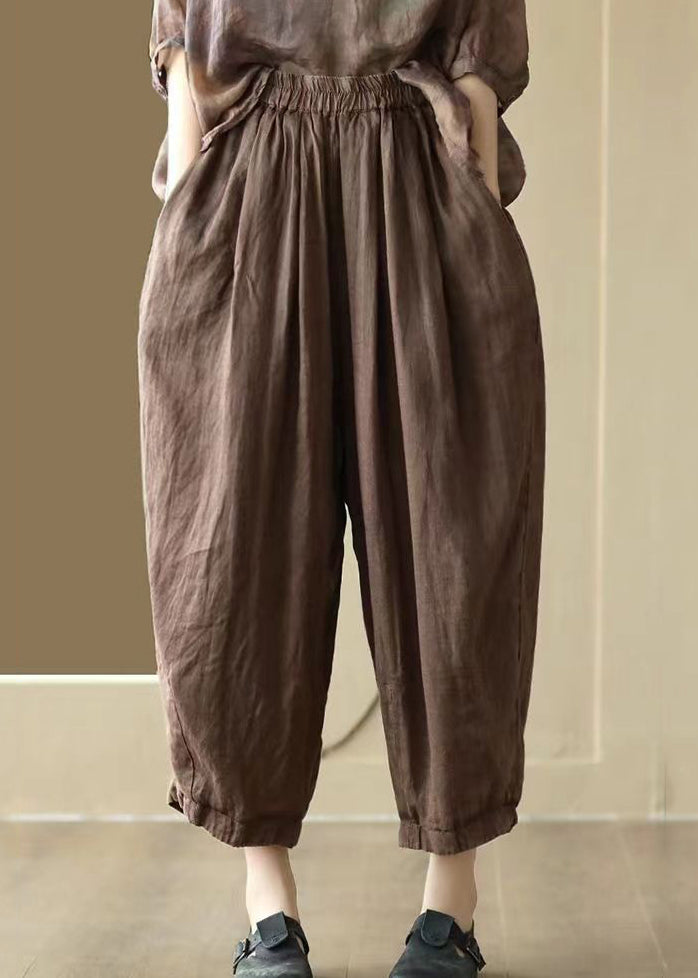 Original Coffee Pockets Elastic Waist Linen Crop Pants Summer