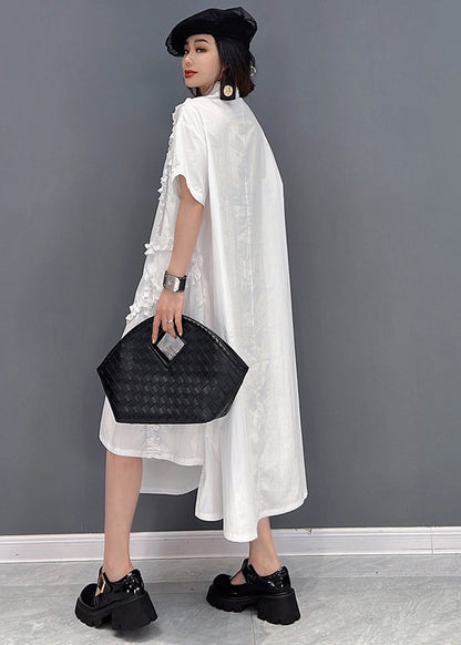 Original White Asymmetrical Design Ruffled Cotton Shirt Dress Short Sleeve